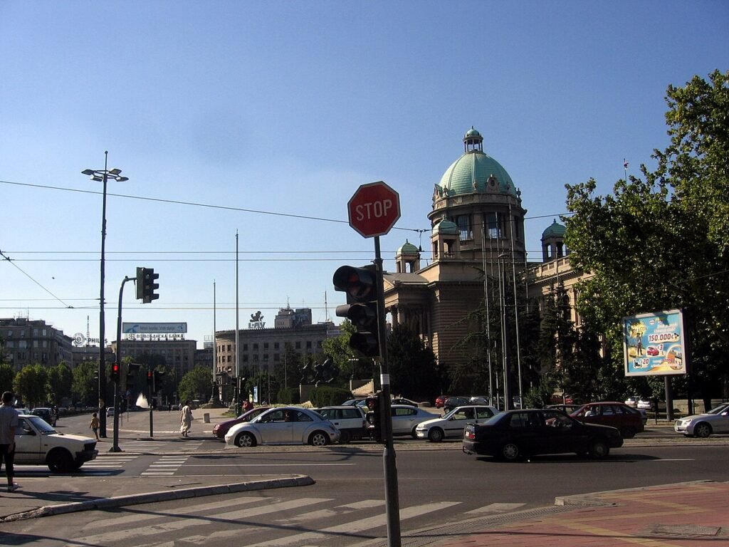 Archival photograph of the Serbian National Assembly building and square in Belgrade, photographed in 2007; not an election-day scene.