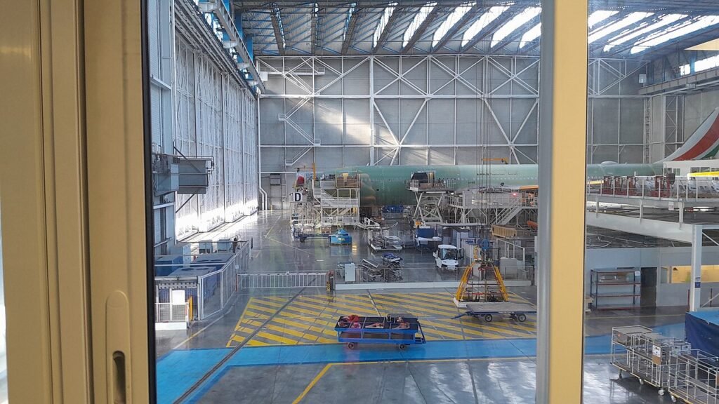 Archival January 2025 photograph of an Airbus A330-800neo aircraft on the final assembly line in Toulouse, France; not a photo of the October 2026 loan dispute.