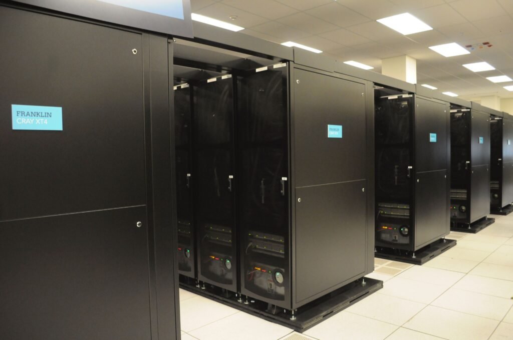 Archival photograph of rows of Franklin Cray XT4 computer racks in a data center, photographed in 2011; not SpaceX facilities or Nvidia GPUs