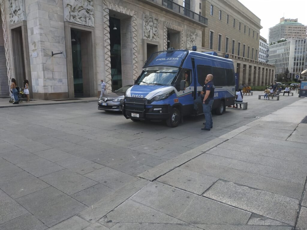 Italian state police van parked on a street in Milan in August 2021, archival photograph unrelated to October 2026 protests