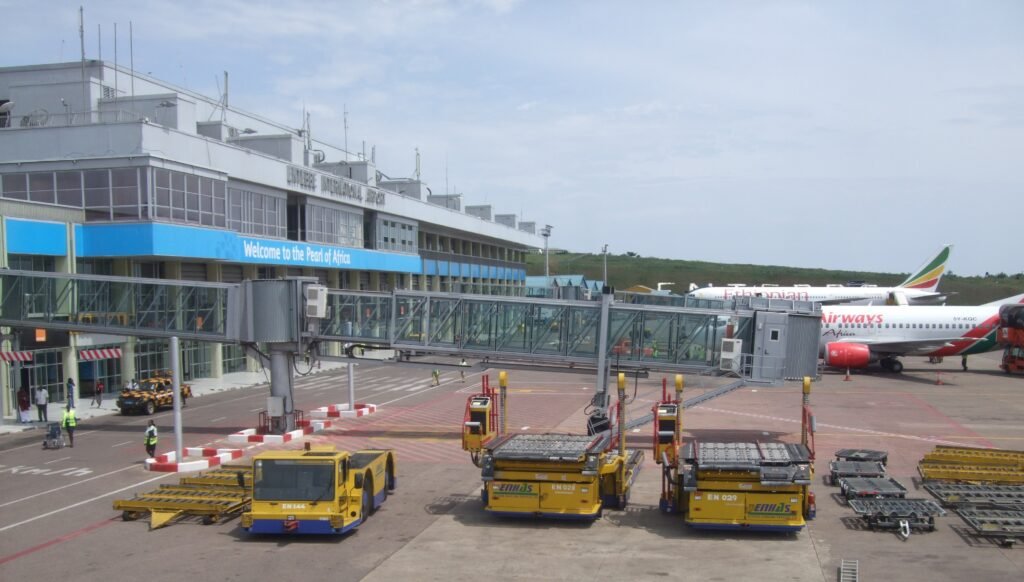 Archival 2009 exterior view of Entebbe International Airport in Uganda; not a photograph of the 2026 Ebola screening measures