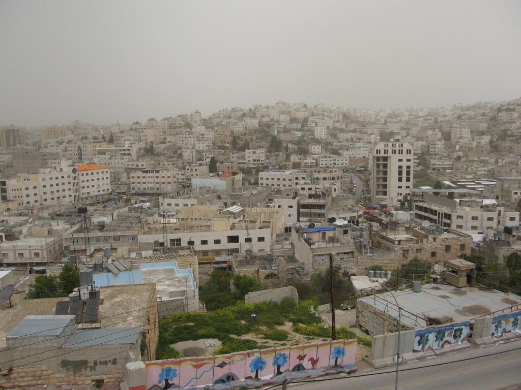 Archival panoramic view of residential buildings and streets in Hebron, West Bank, photographed in April 2006