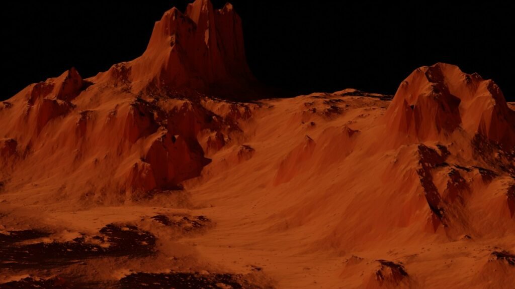 Artist's three-dimensional rendering of planet Mars; illustration, not a photograph of the Teghaza 001 meteorite.
