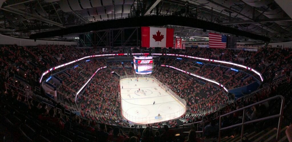 An ice hockey arena with national flags, illustrative stock photo unrelated to the Buffalo Sabres–Anaheim Ducks game