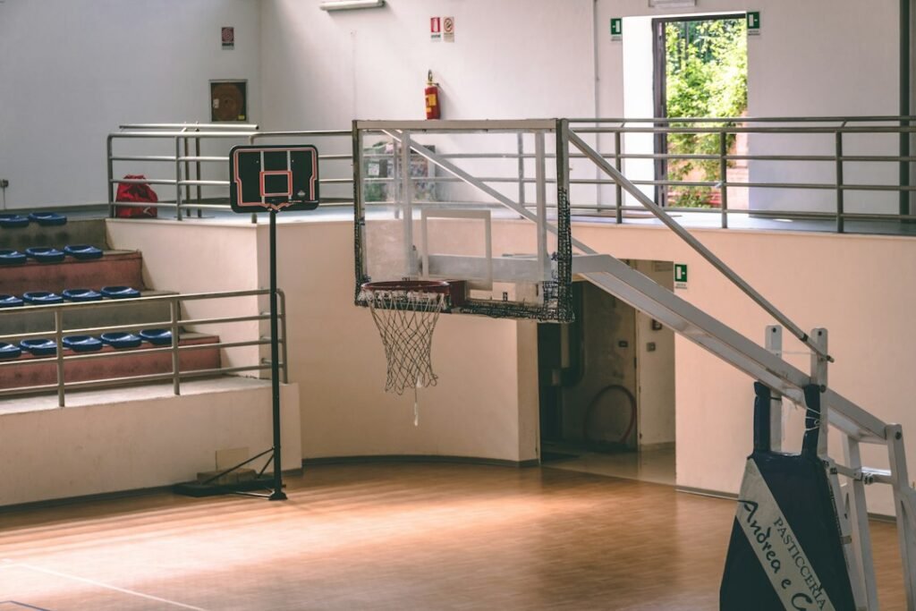 An indoor basketball court with hoops and hardwood flooring; archival illustrative image, not the Nuggets–Pelicans game on October 24, 2026
