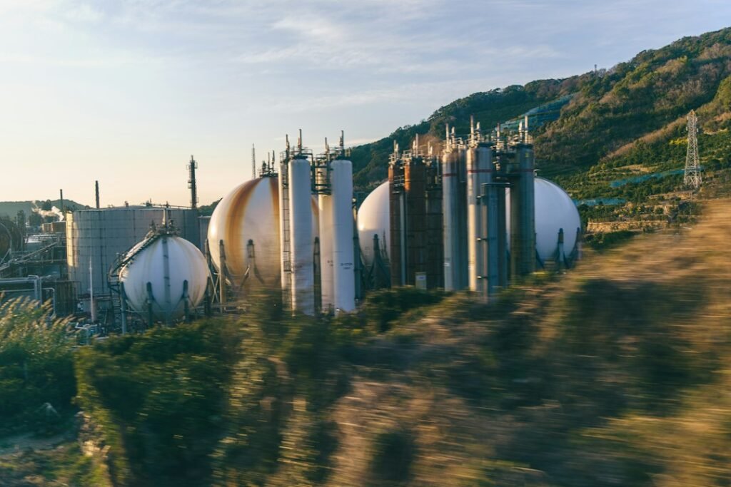 Illustrative spherical storage tanks at an industrial facility; not an Air Liquide site