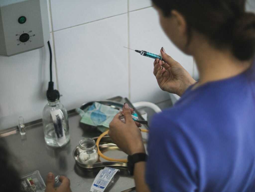 Close-up of a syringe being prepared in a medical setting, illustrative stock photograph; not a scene from Pennsylvania's measles outbreak