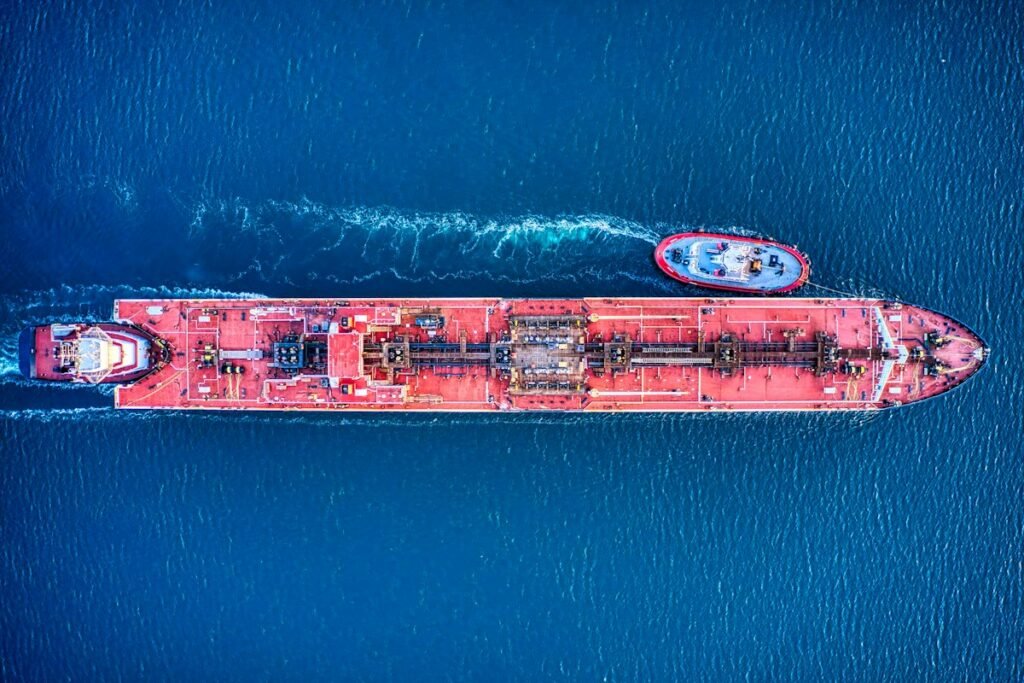 A red tanker photographed from above at sea; generic illustrative photograph, not the vessel attacked near Khasab on October 29, 2026.