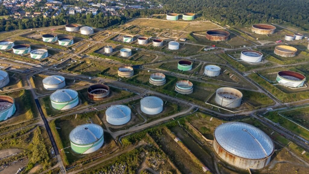 Aerial view of industrial facilities, illustrative stock image, not the Ras Tanura refinery