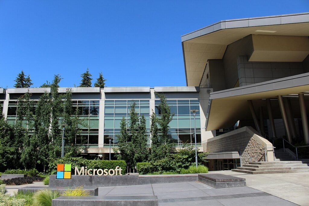 Microsoft sign outside Building 92 at the company's Redmond, Washington campus, photographed in 2016; archival image.