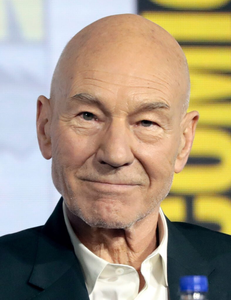 Patrick Stewart photographed speaking at San Diego Comic-Con in July 2019; historical portrait by Gage Skidmore, CC BY-SA 3.0.