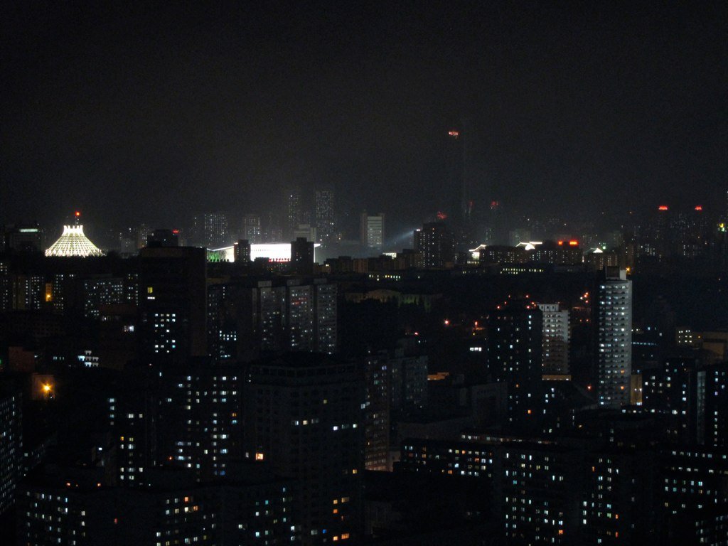 Archival nighttime photograph of Pyongyang, North Korea, taken in April 2010; not an image of the October 2026 internet outages