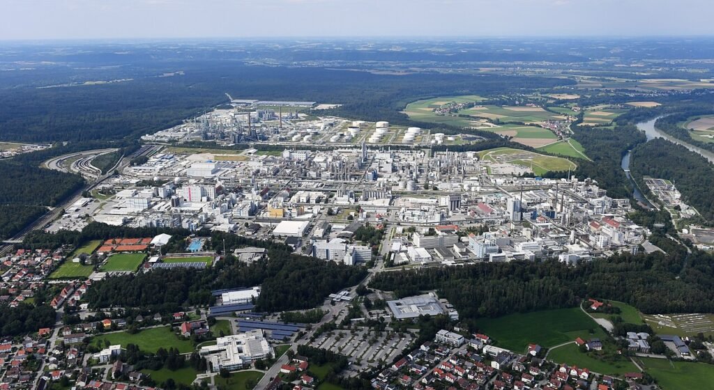 Aerial photograph of Wacker Chemie's industrial plant at Burghausen, Germany, photographed in 2024; illustrative archival image, not from the October 2026 earnings announcement.